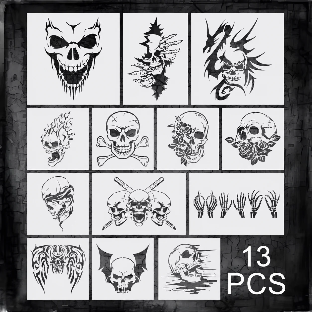 13PCS 8-12inch Skull Painting Stencils Reusable Halloween Templates for Wall Fabric Canvas DIY Craft Decor