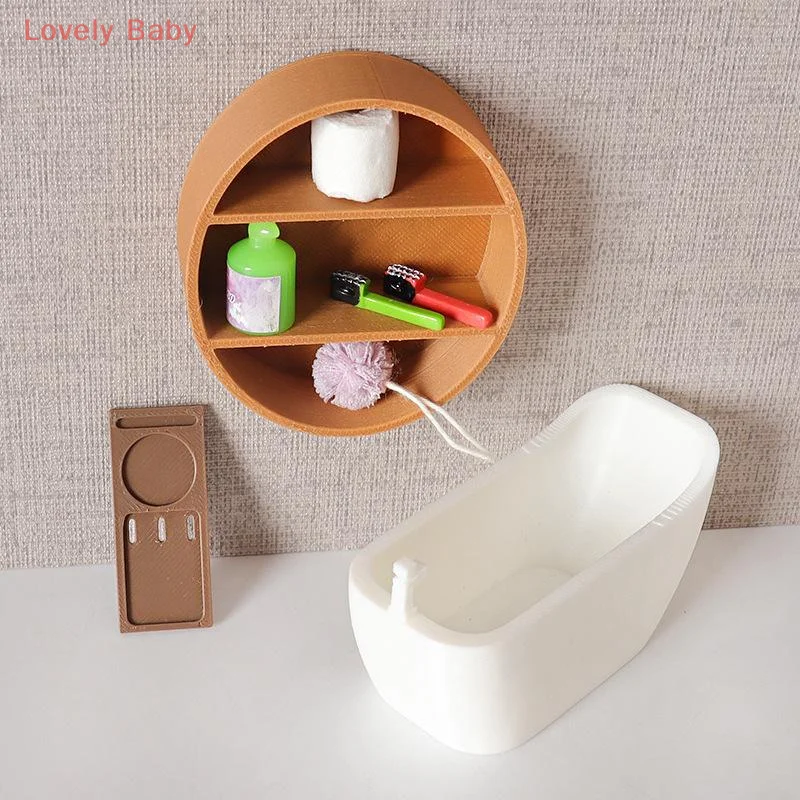【BS】1Pcs DIY Wall Cabinet Decor Dollhouse Mini Bath Tub Model Storage Rack Ornament Pretend Food Play Miniature Doll Accessory