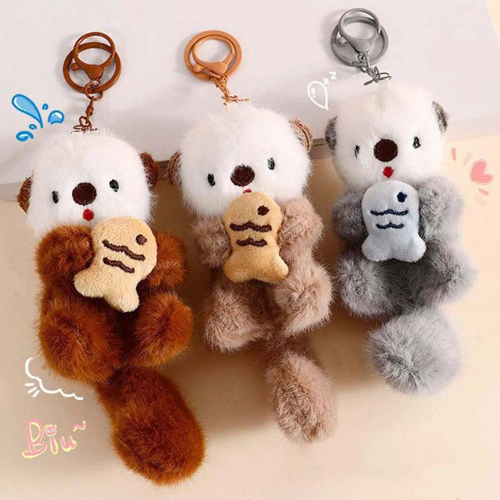 

Animals Doll Cartoon Otter Keychain Decorations Soft Stuffed Plush Otter Bag Pendant Holding Fish Shape Keys Accessories