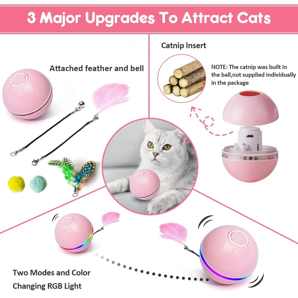 Automatic Smart Cat Toys Ball Interactive Catnip USB Rechargeable Self Rotating Colorful Led Feather Bells Toys for Cats Kitten