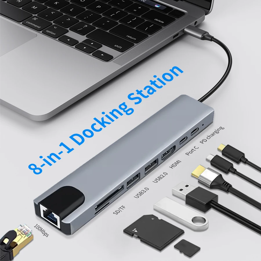

Док-станция для ноутбука 8 в 1 USB-C с 4K HDMI USB 3.0 USB 2.0 Type-C SD TF Card Reader 87 Вт PD Порт зарядки для компьютера