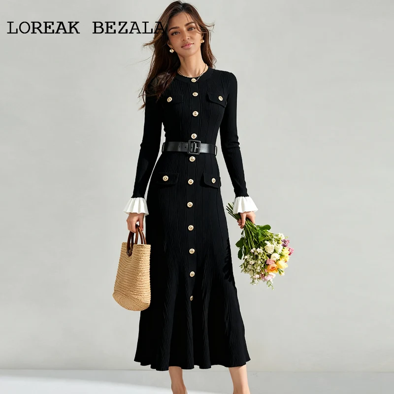 Black Knitted Dress Elastic Long sleeve bell 2025 Spring/Autumn dress waist  retro  Elegant Classic  One-piece dress