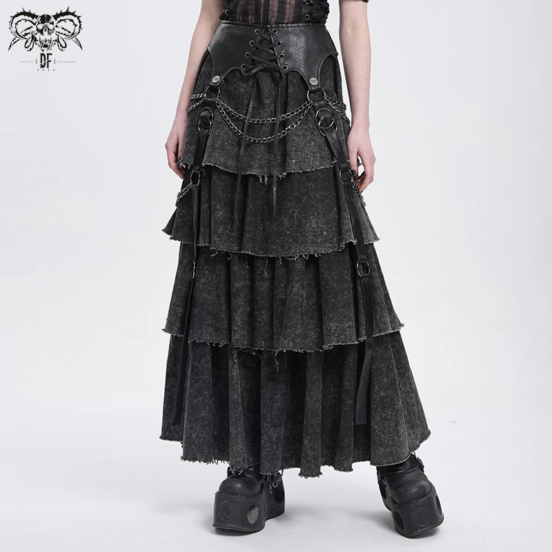 DEVIL FASHION Gothic Punk Layered Cake Skirt Women Vintage Washed Raw Edge Long Skirt With Chains SKT233