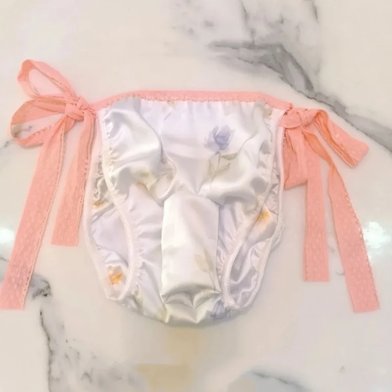 

Sexy Men's Silky Touch Panties With Sheath Briefs Glossy Soft Floral Lace Up Waistband Adjustable Underpants Live Show Costume