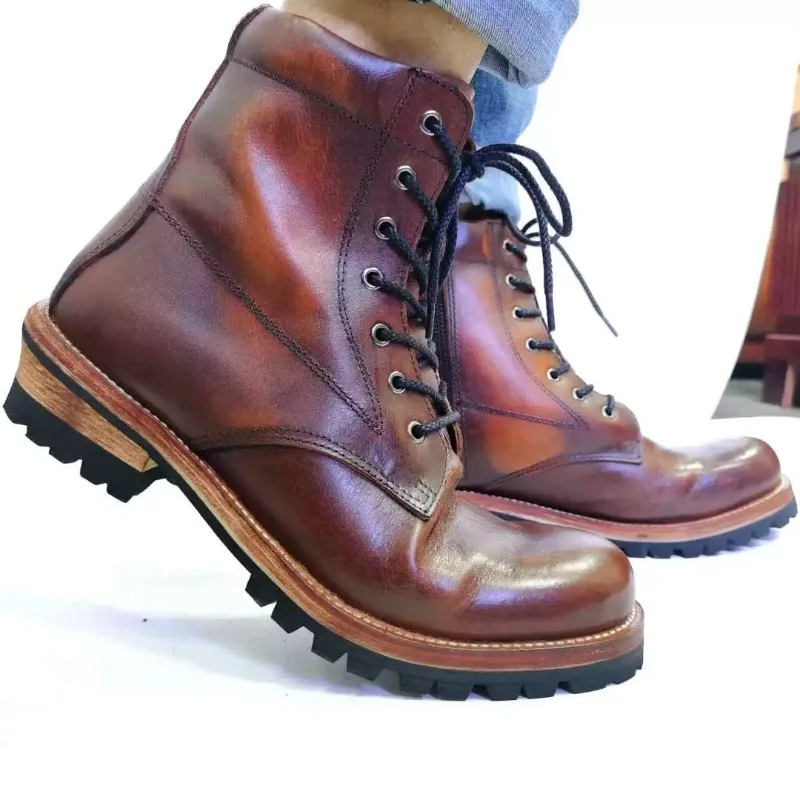 British Style Men Motorcycle Boots Genuine Leather Vintage Combat Boots Lace-Up Rugged Outdoor Work Ankle Safety Shoes