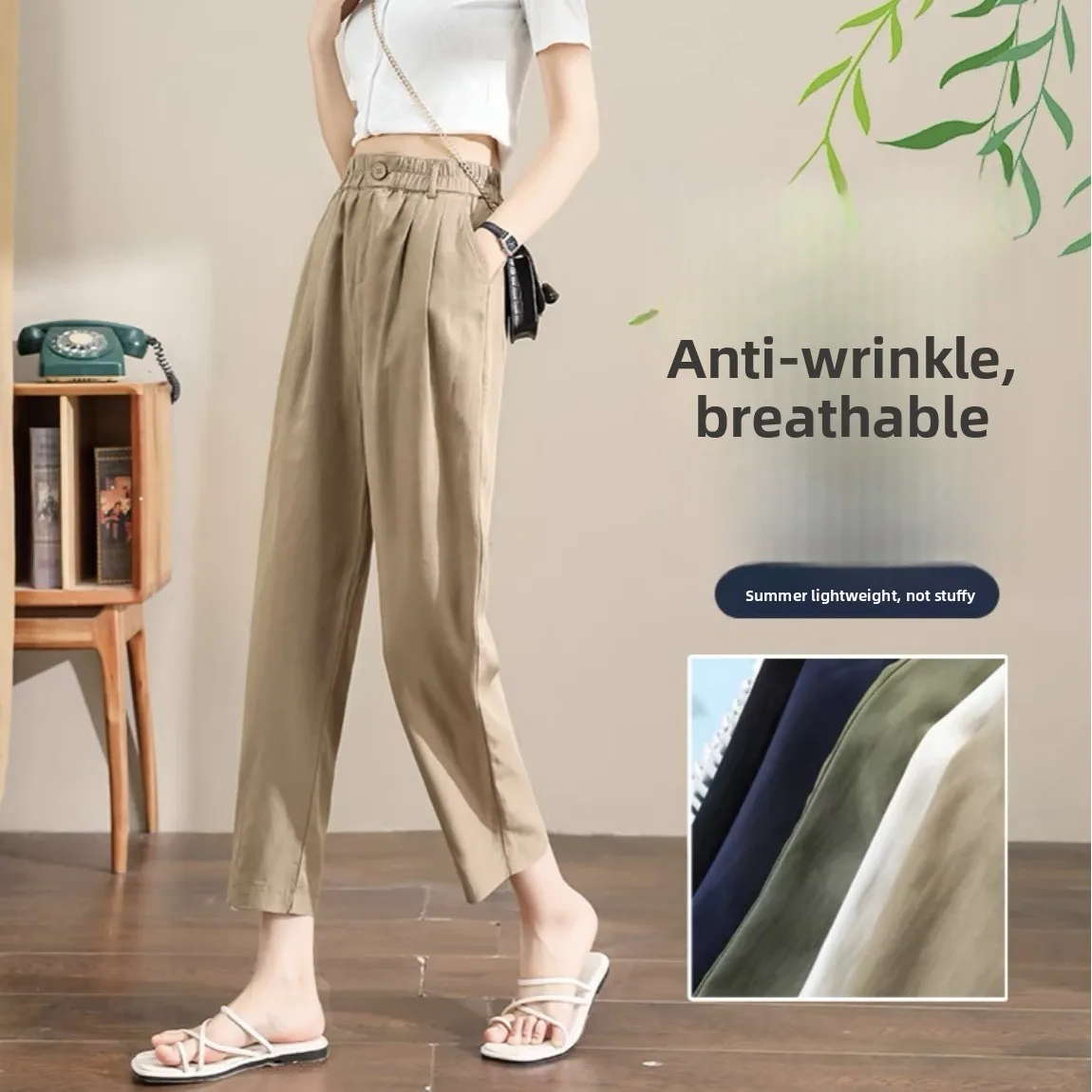 Plones Casus Blancos Finos de Verano Estilo Informal para Mujer, Cintura Alta, Fibra de Poliéster, Estilo Harlan, Disi...