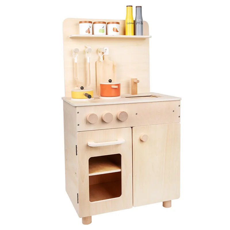 Country Style Wooden Kitchen Play Set Parent-Child Toy Refrigerator Simulation Home Kitchenware for Preschool Boys Girls