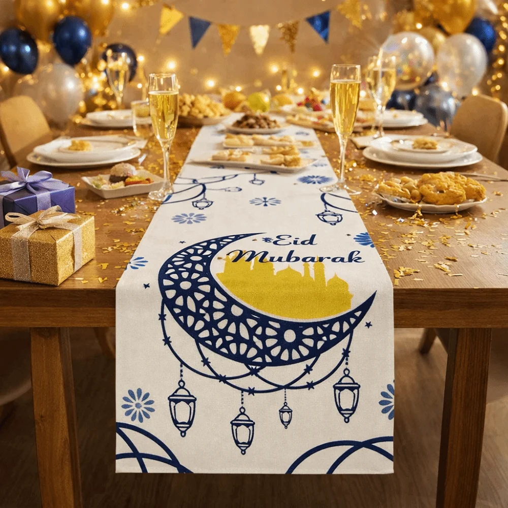 

Elegant Thickened Ramadan Table Runner Vintage Castle Lantern Pattern Dining Table Flag Decorative Table Cover Home Decoration