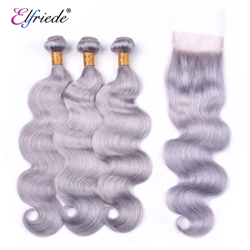 Elfriede Grey Body Wave Colored Hair Bundles with Closure 100% Brazilian Remy Human Hair Weaves 3 Bundles with Lace Closure 4x4