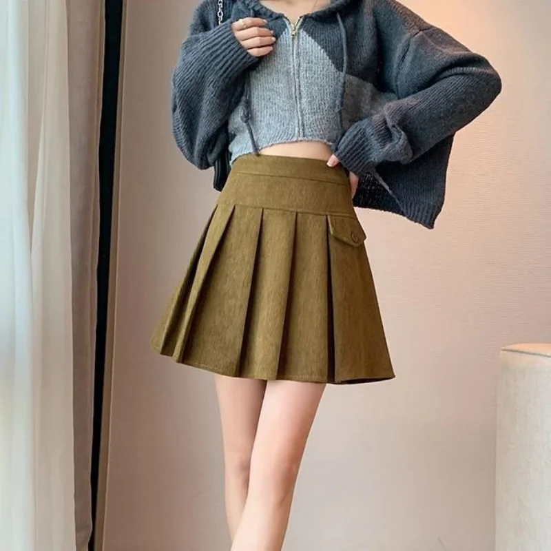 Baggy Skirts Women Mini Pleated Pure Design Korean Fashion Юбка Женская Chic High Waisted Corduroy Minimalist Girlish Temper Ins