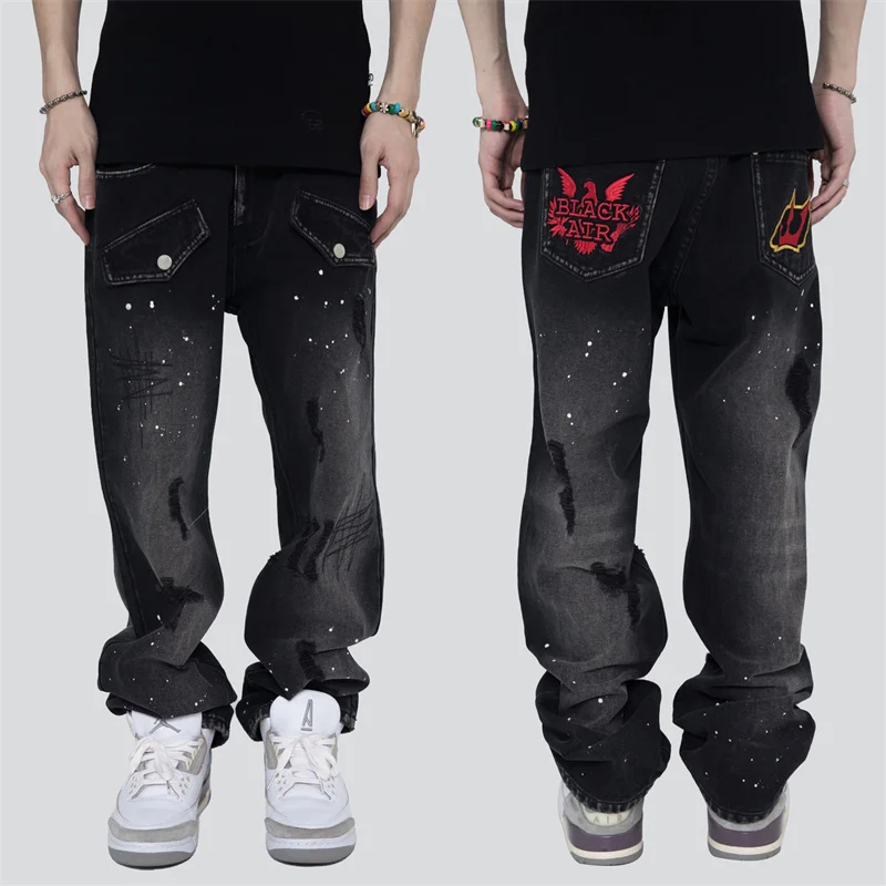 High Street Pleated Embroidered Splash Ink Jeans Men Streetwear Loose Retro Denim Pants Hip-Hop Straight