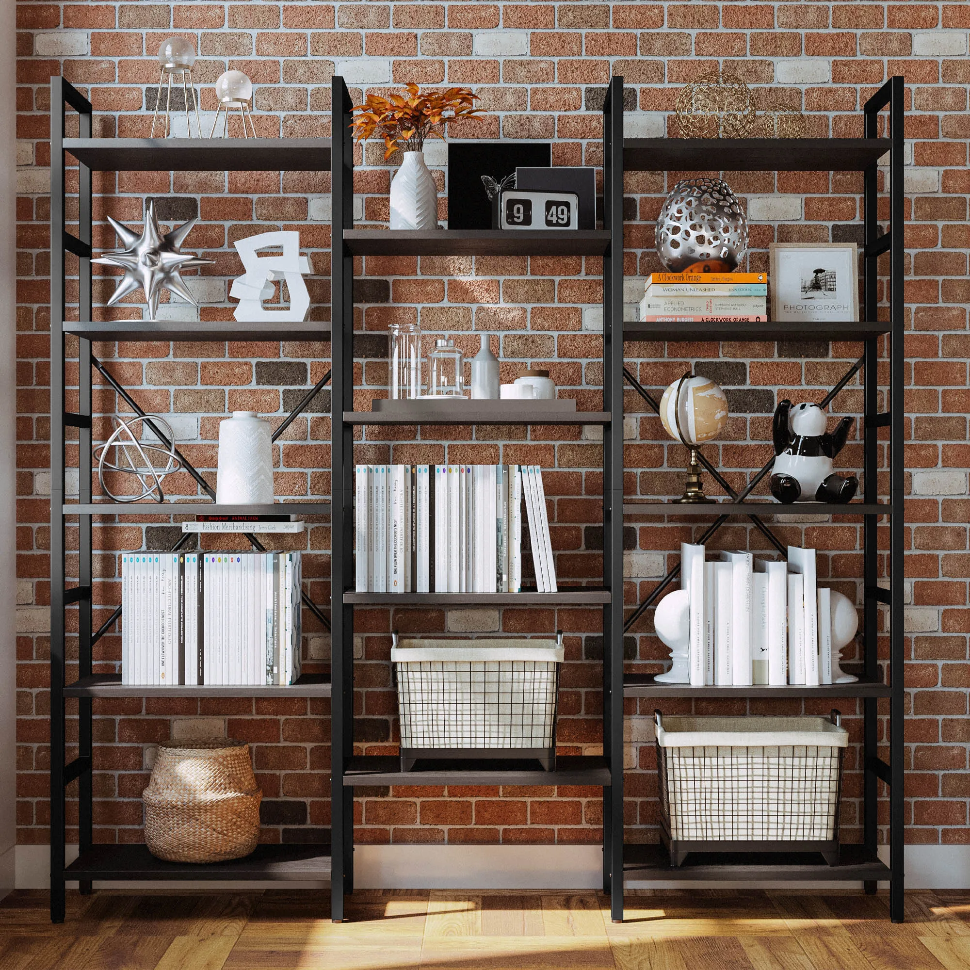 IRONCK Bookcases and Bookshelves Triple Wide 5 Tiers Industrial Bookshelf, Large Etagere Bookshelf Open Display Shelves