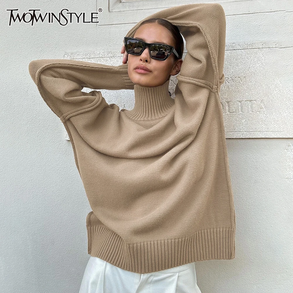 

TWOTWINSTYLE Solid Minimalist Knitting Sweaters For Women Turtleneck Long Sleeve Casual Pullover Sweater Female Fashion Clothing