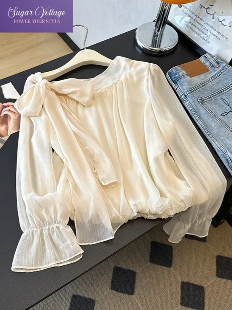 

Autumn French Elegant Off Shoulder Chiffon Blouse Women Autumn Long Sleeve Tie Waist Flare Sleeve Loose Fit Office Casual Shirt