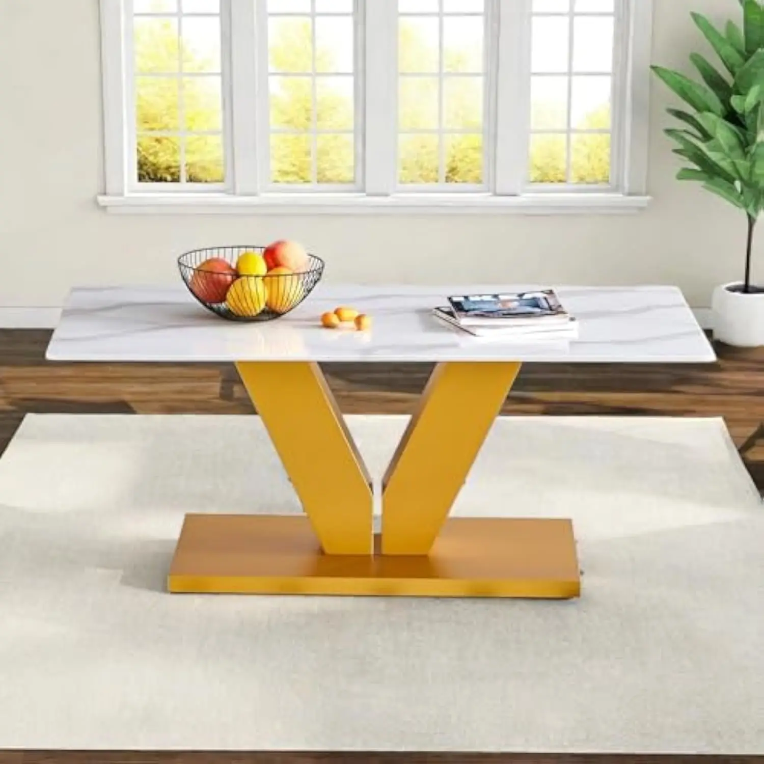 

Dining Table,Kitchen Dinner Table with Rectangular Faux Marble Patterned Tabletop & V-Shaped Gold MDF Table Legs,43.3''Heavy Du