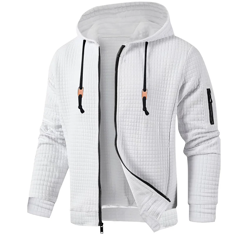 2025 Autumn Winter Men Jacket Fashion Waffle Grid Men Outdoor Sports Cardigan Zipper Long Sleeves Casual Hooded Coat For Male