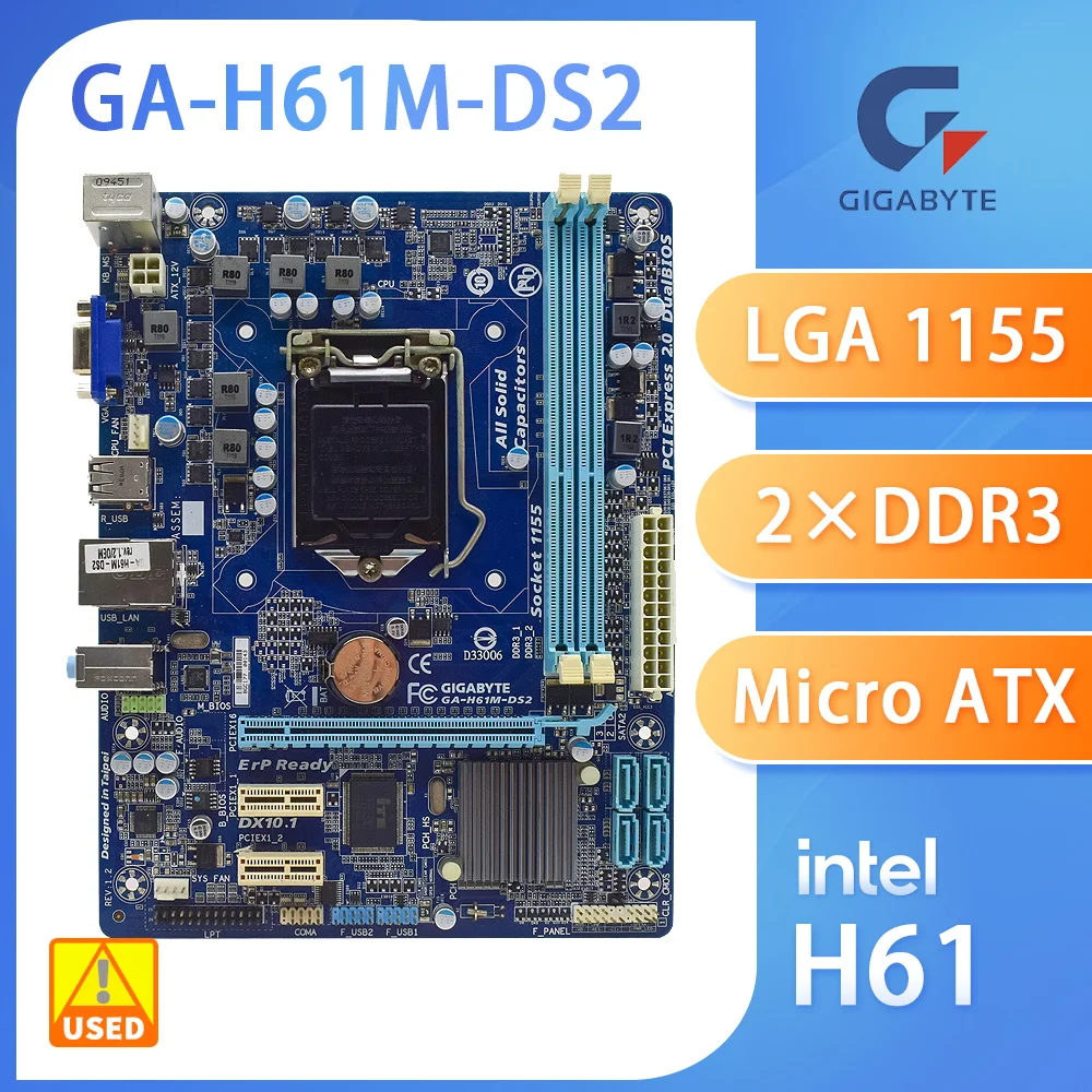 Gigabyte GA-H61M-DS2 Intel H61 LGA1155 Motherboard DDR3 16GB RAM Intel Core i7 i5 Processor PCI-E 2.0 X16 VGA USB2.0 Micro ATX