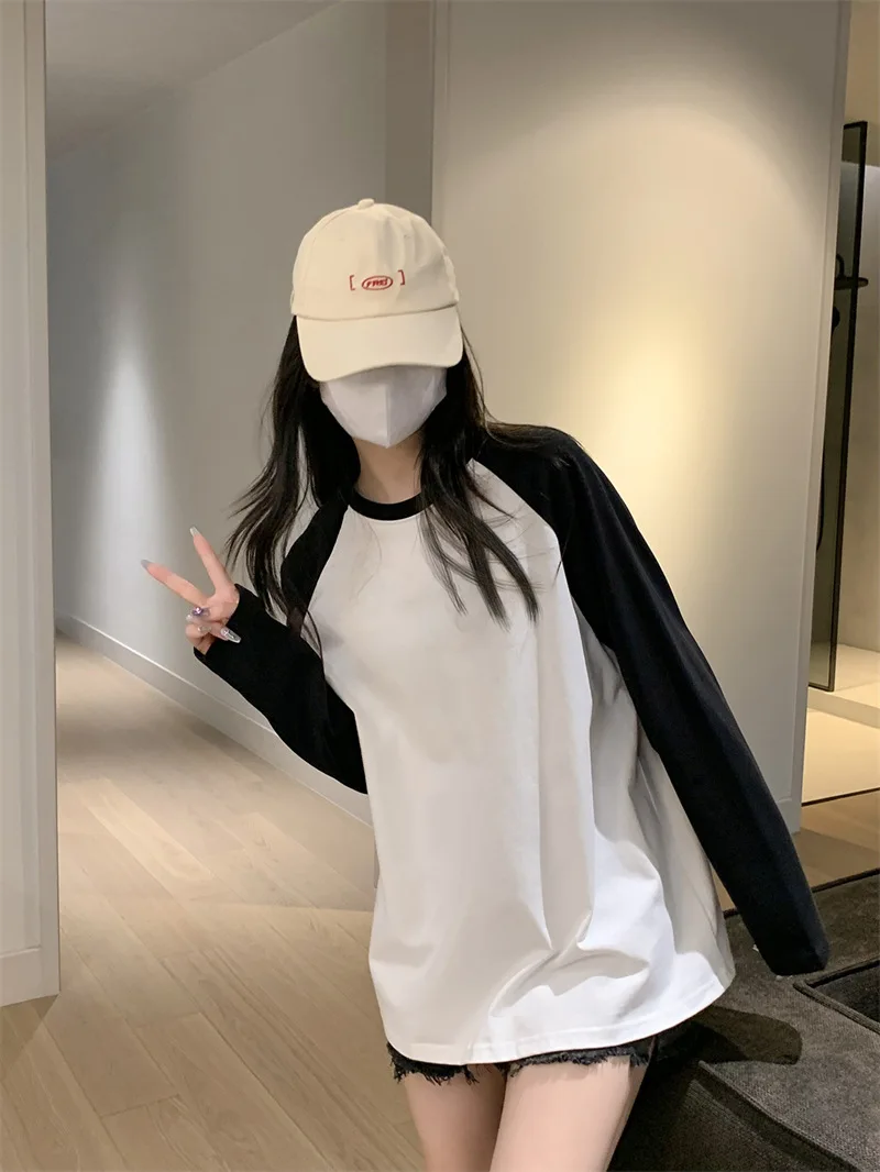 

Autumn T-shirts Women Student Patchwork Tops Long Sleeve Sweatshirt Sweet Loose Korean Style Leisure Cotton Chic Oversize 2024