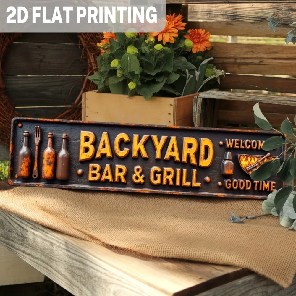 Rustikales 2D-Flachmetallschild für Bar und Grill im Hinterhof – 1 Stück, 3,93 x 15,74 Zoll, Vintage-BBQ-Themen-Dekor, langlebiger Wandbehang für Terrassengarage