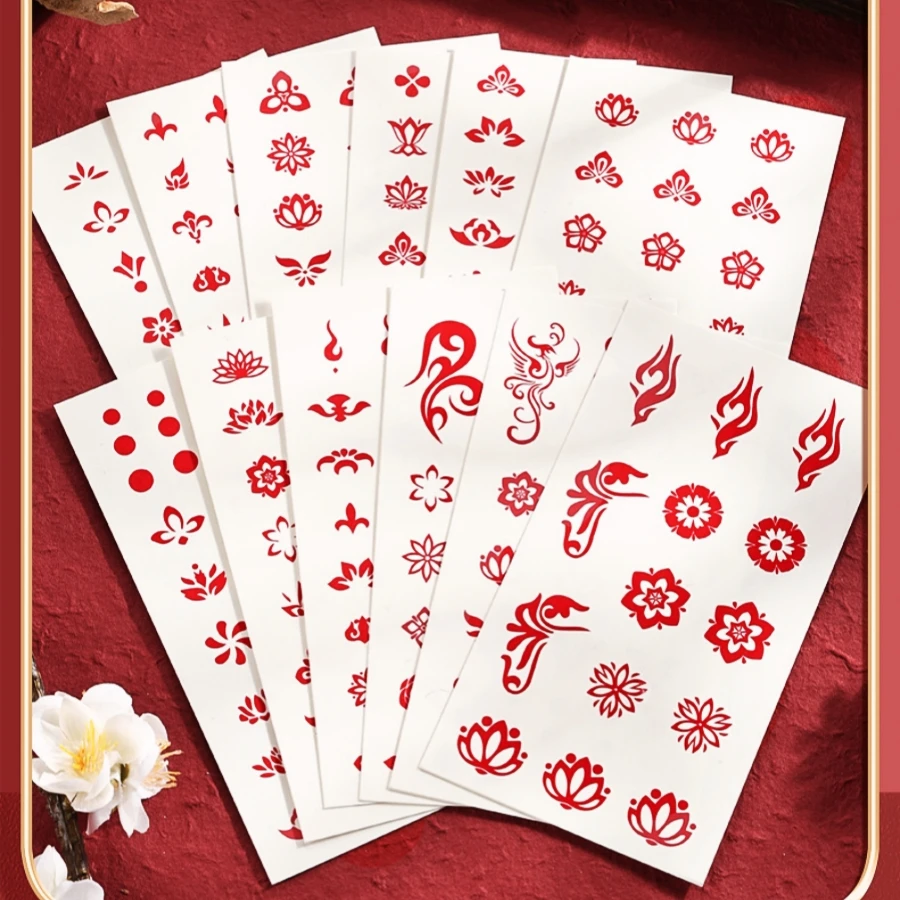 Chinese Style Red Flower and Pearl Forehead Printed Stickers, Can Be Used for Beauty Makeup, Environmentally friendly，12PCs