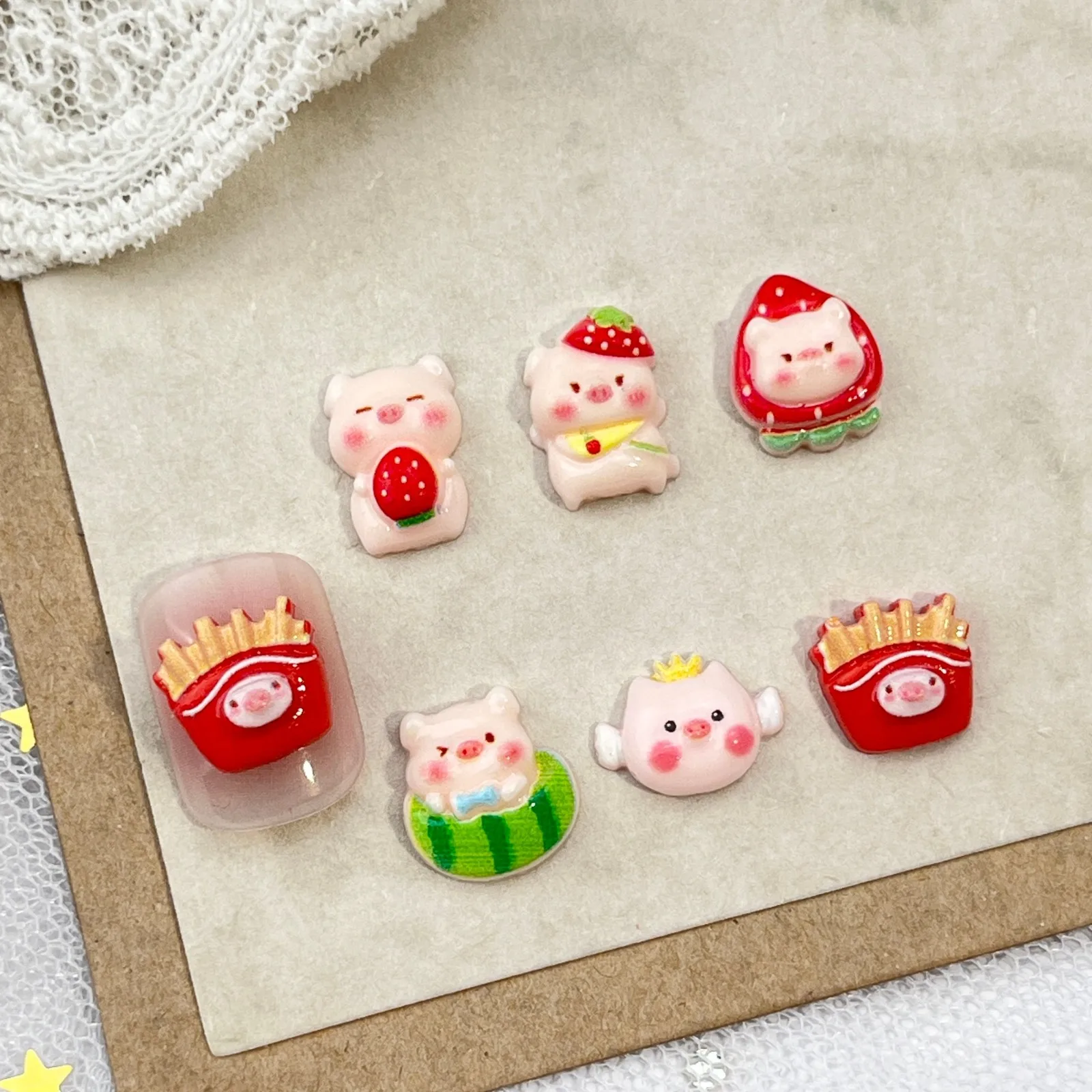 10pcs Fruits Pink Piggy Cartoon Jewelry Nail Art Accessories 3D Cute Parts Resin Nail Charms Decorations Manicure Supplies DIY