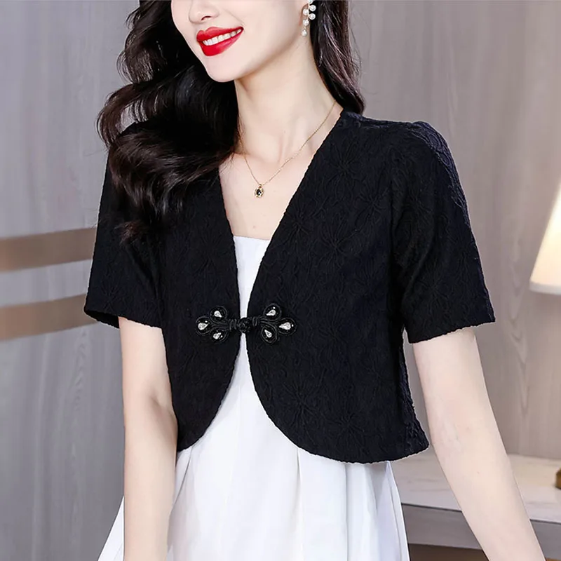 Summer Short Sleeve V-Neck Black White Women Jacket Chinese Style Jacket Coat Women Blusas Mujer De Mode 2024 Verano Blusa H616