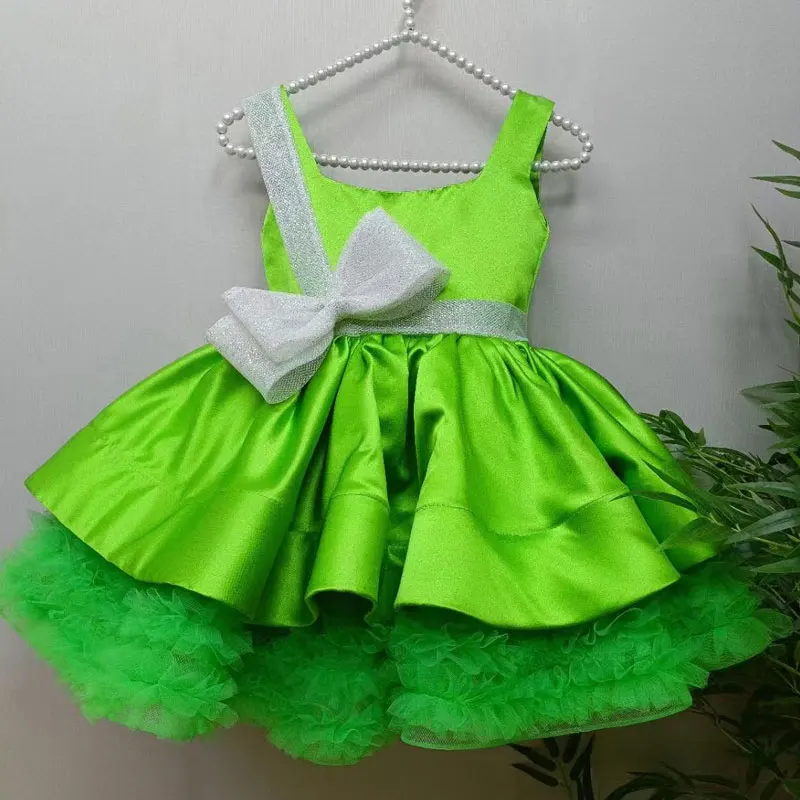 Classic Gold Bow Belt Kids Christmas Dress Red Green Sleeveless Short Ball Gown Flower Girl Birthday Wedding Dresses Customized