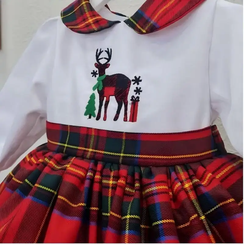 0-12Y طفلة الصيف الخريف الغزلان التطريز الملونة منقوشة خمر الأميرة فستان أحمر لعيد ميلاد عطلة عيد الميلاد C191