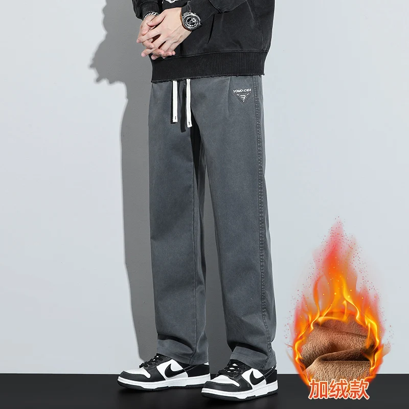 กางเกงคาร์โก้ขายาวทรงหลวมขาตรงบุขนไลโอเซลล์สำหรับผู้ชาย ฤดูใบไม้ร่วง ฤดูหนาว ปี 2025 กางเกงลำลองอุ่นสบาย ไซส์ใหญ่พิเศษ 5XL