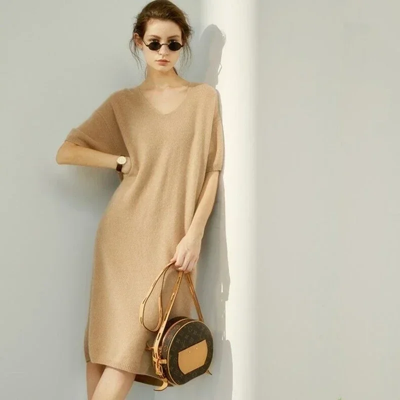 

Tailor Sheep V-neck High-grade Cashmere Sweater Women's Short-sleeved Wild Loose Long Knitted Jumper Wool Dress