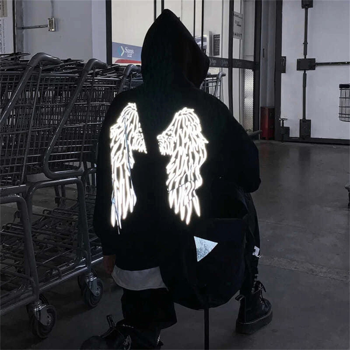 Black Reflective Wings Print Hoodie Women Winter Autumn White Tops Ulzzang Hip Hop Harajuku Pullover Couple Hoodie Sweatshirts