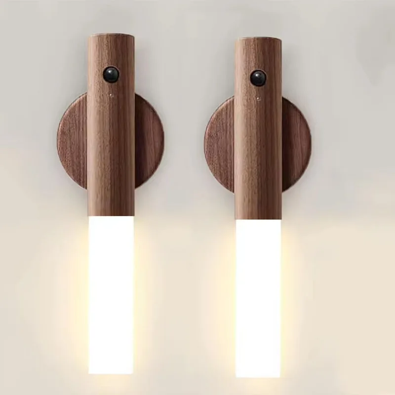 LED Rechargeable Magnetic Night Light Wood Wall Lamp Kitchen Cabinet Light Creative Smart Automatic PIR Motion Sensor