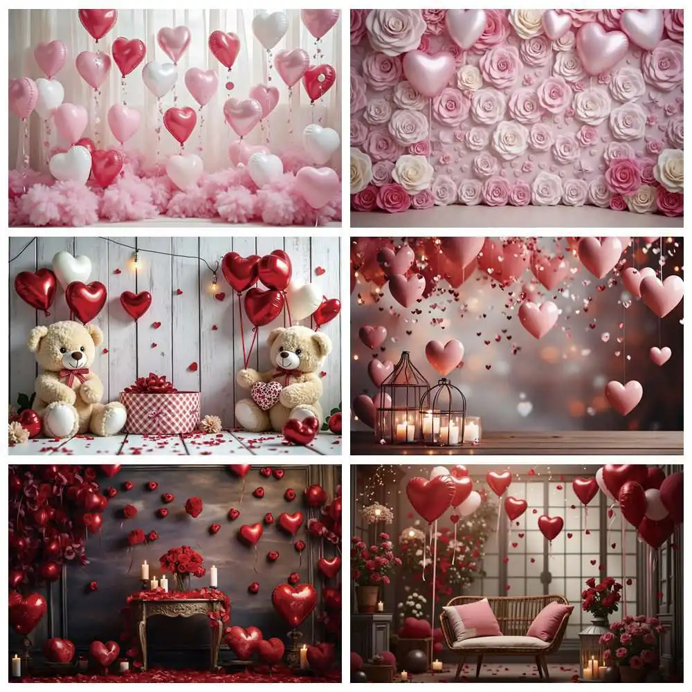 MOON.QG Valentines Decoration Backdrop for Photography February 14 Background Women Birthday Heart Balloon Drapes Curtain Props