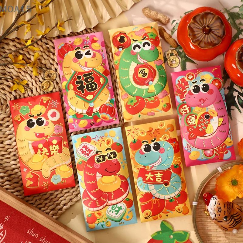 6Pcs New Year Red Envelope Chinese Traditional Lucky Money Packets 2025 Snake Year Money Pouches For Kids Blessing Red Pocket