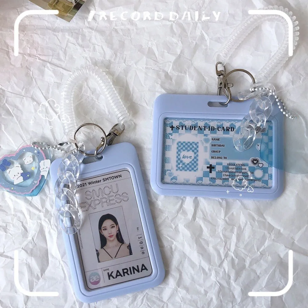 Milk Blue Photocard Holder 3 Inch Idol Small Photo Card Protector Case Student Slid ID Bus Card Case With Keychain Heart Pendant