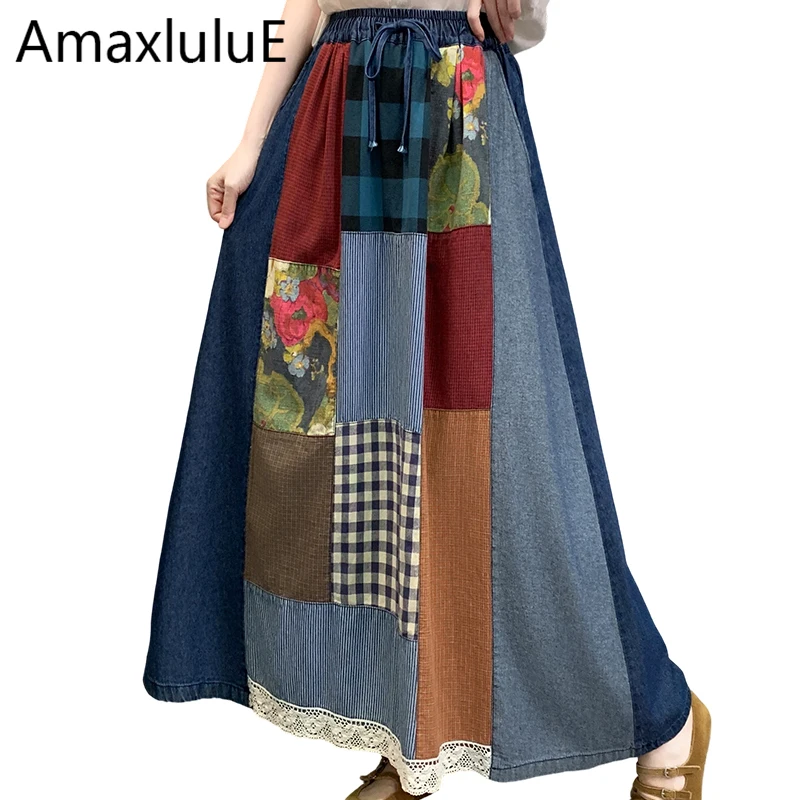 Amax LuluE Korean Design Fall Womens Fashion Printed Lace Denim Skirts Ladies Classic Loose Casual Vintage Patchwork Streetwear