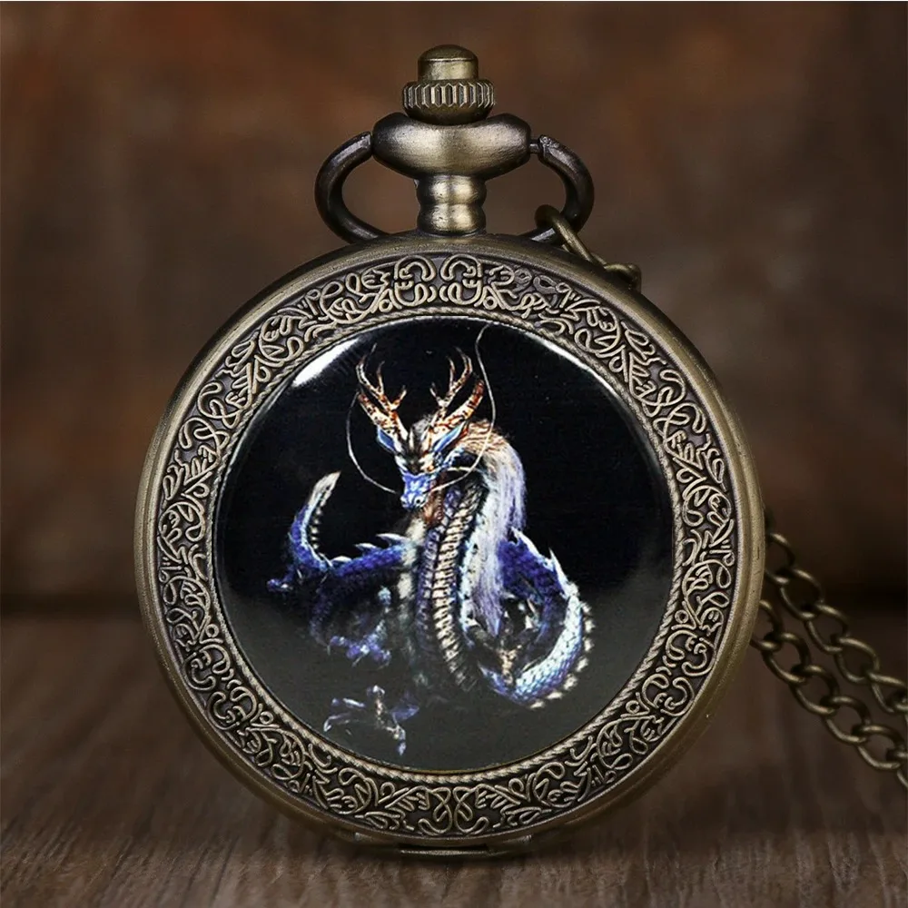 Steampunk Flying Dragon Pattern Fob Quartz Pocket Watch with Chain Necklace Peandant Pocket Watches Men Christmas Birthday Gifts