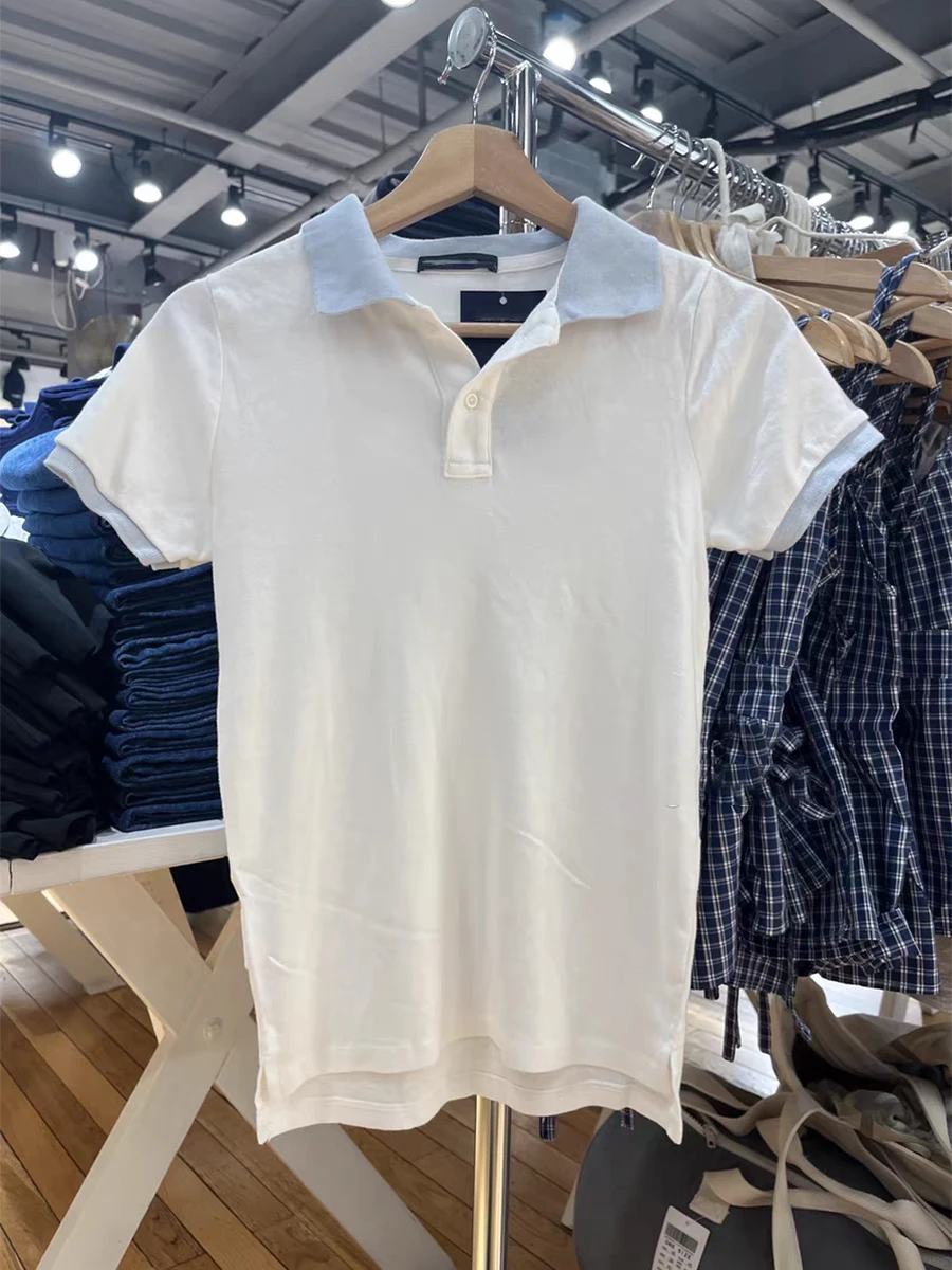 

New Blue Patchwork Slim T-shirt Woman Buttons Turn Down Collar Short Sleeve Tee Shirt Summer Preppy Style Cotton Casual Y2k Tops