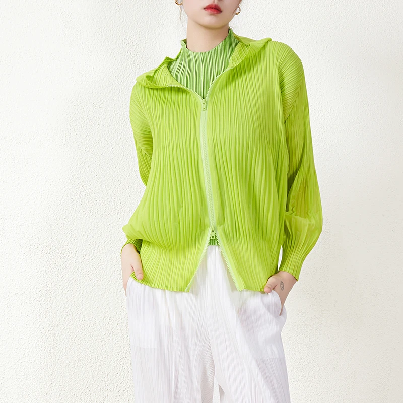 Miyake Pleated New Sports Jacket Double Zipper Pleated Thin Hooded Jacket Women's Coats 2025