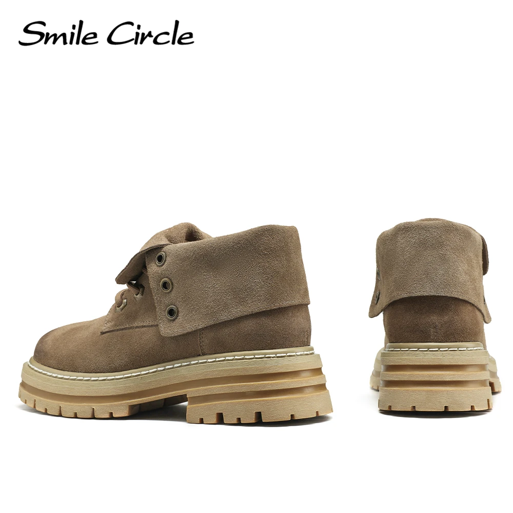 Smile Circle Women Ankle Boots Cow Leather Platform Boots Autumn/Winter Lace-up Chunky Boots for Women Shoes Two ways to use