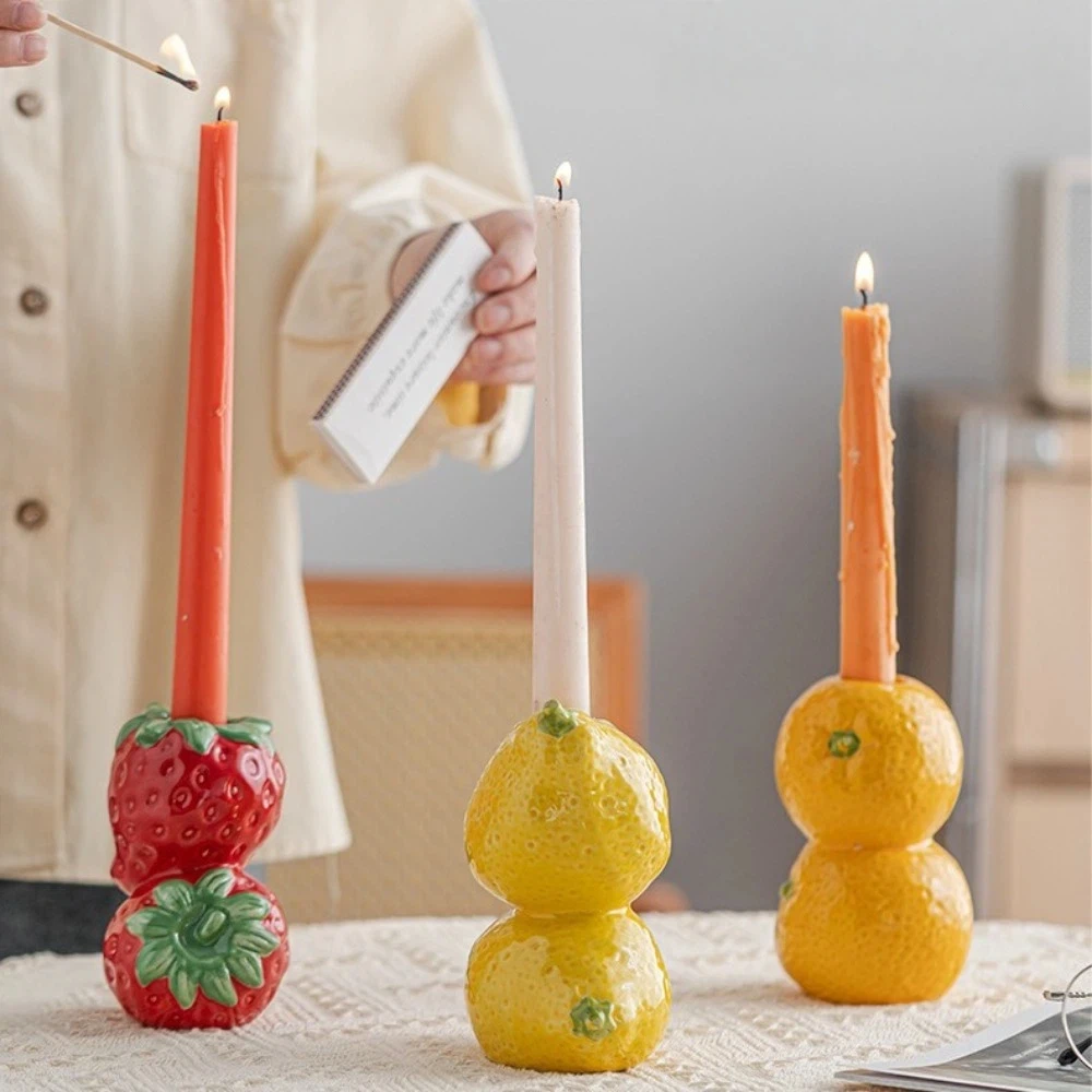 New Ceramic Fruit Candle Holder Desk Ornament Unique Style Strawberry Candlestick Orange Lemon Candle Rack Tabletop Decor