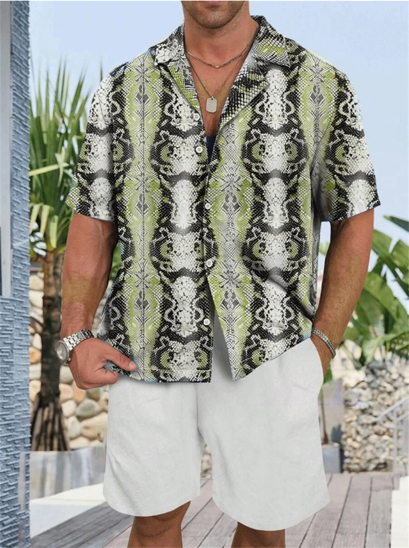 3D Printed Snake Pattern Shirt Men's Casual Fashion Summer Short Sleeve Hawaiian Beach Shirt Personalized Lapel Aloha Button Cap