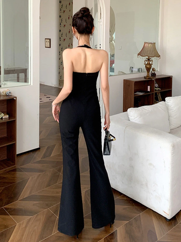Mode Urlaub Schwarz Einteilige Lange Overalls Frauen Kleidung Elegante Sexy Schwarz Halter-Backless Flare Hosen Straße Strampler