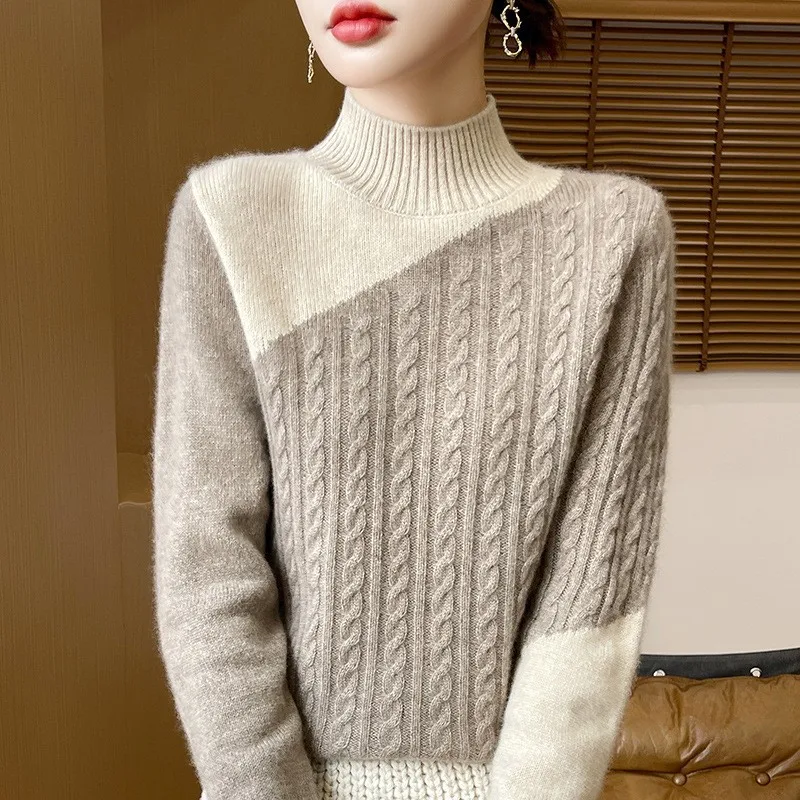 Heavy Industry Twisted Contrast Color Wool Pullover Autumn and Winter New Fashion Women's Warm Long Sleeves Sw