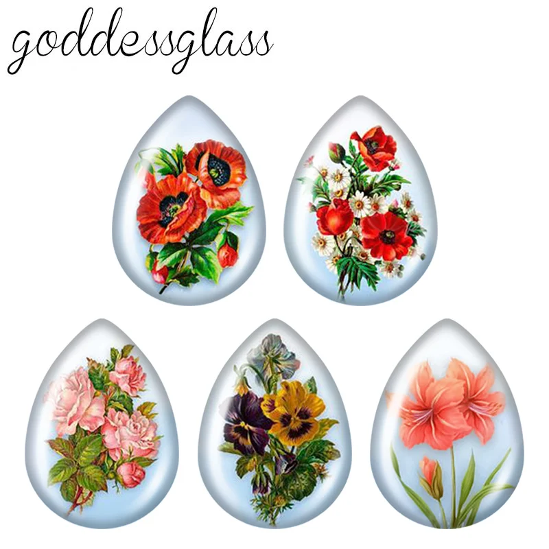 5 par piękno kwiaty retro makowa lilia łza szkło w kształcie kropli cabochon płaskie plecy kolczyki DIY komponenty do wyrobu biżuterii akcesoria