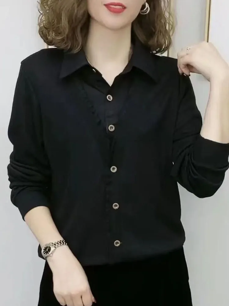 Faionable Casual Long Sve irt Women's Spring Autumn New Sle Splicing Design Mom Clothes Ele Sle  Collar Ca...