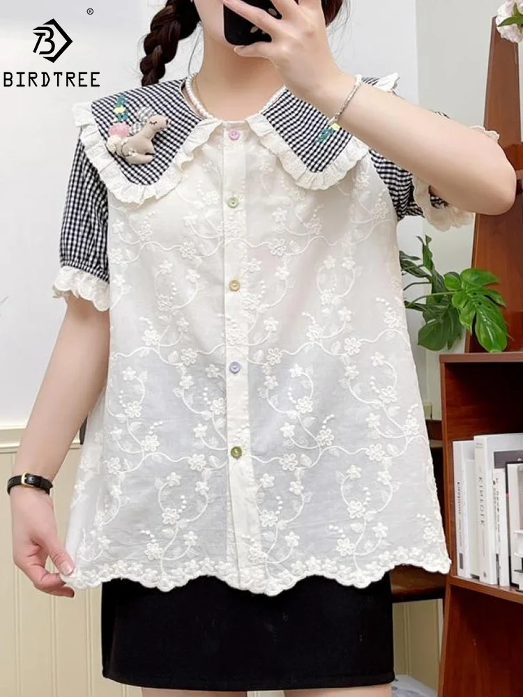 

New Summer Cotton Short Sleeve Shirt Embroidery Plaid Spliced Top Girl Casual Fashion Sweet Loose Blouse 2024 Autumn T462105QM