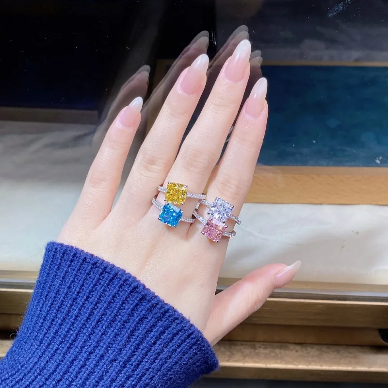 Shining U S925 Silver High Carbon Diamond 8*8mm Aquamarine Yellow Pink Square Ring for Women Fine Jewelry Anniversary Summer