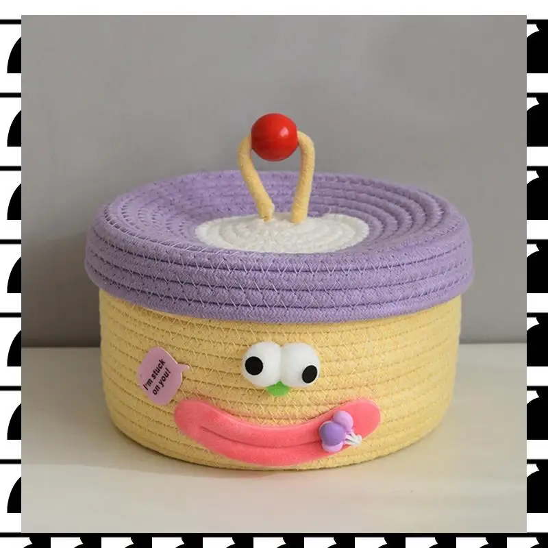 

A44U Desktop Storage Basket With Lid Woven Snack Storage Box Coffee Table Living Room Woolen Toys Storage Basket
