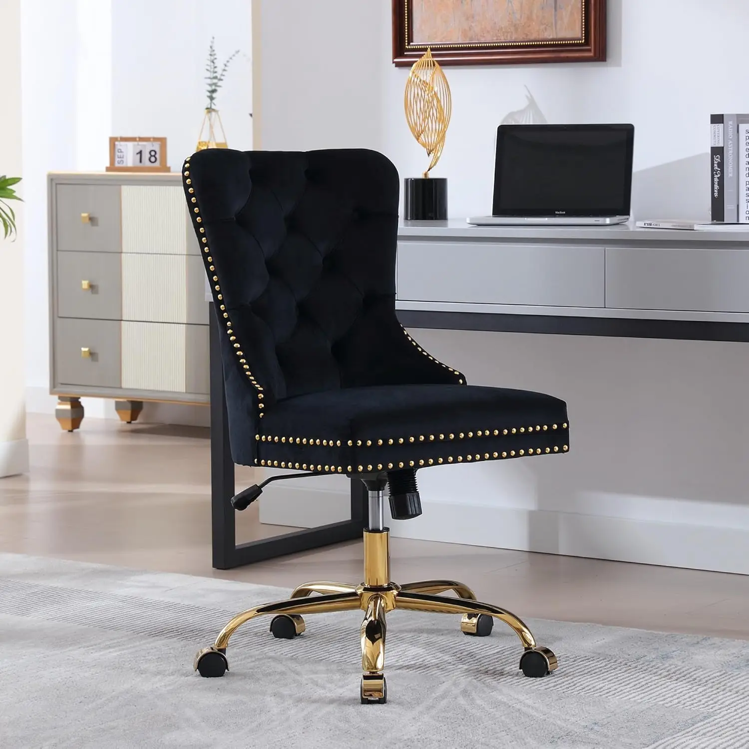 

Velvet Desk Chair With Wheels, Gold Office Chair Arml Swivel Chair With Tufted High Ba Rivet Trim, Comfy Upholstered Ergonomic